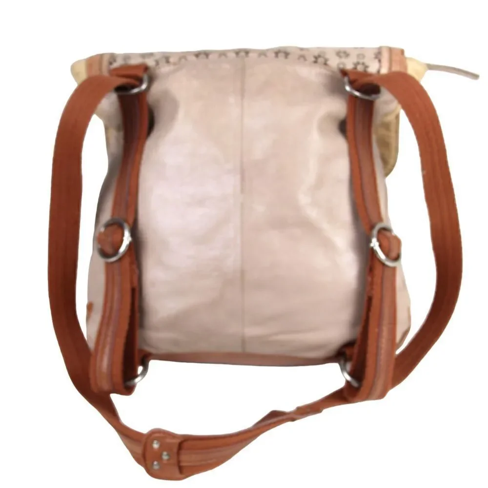 THE SAK BEIGE BROWN GENUINE LEATHER CONVERTIBLE BACKPACK SHOULDER BAG X-BODY